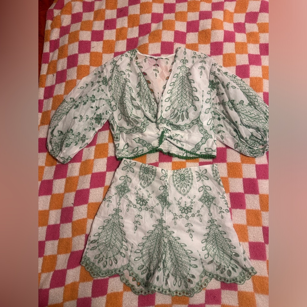 Green Embroidered Crop Top and Shorts Set